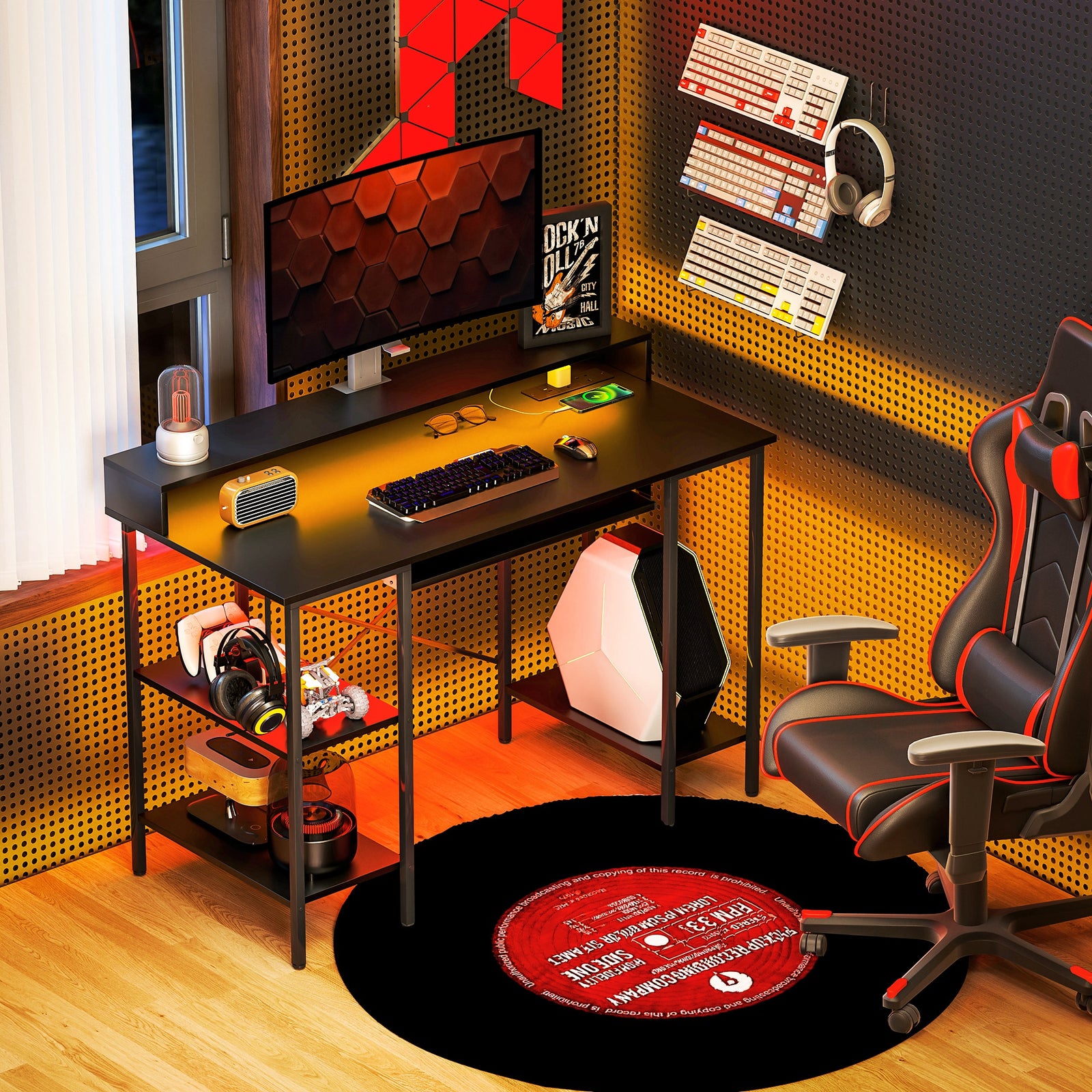 Gaming Desk With Monitor Stand And Sliding Keyboard Tray | Black