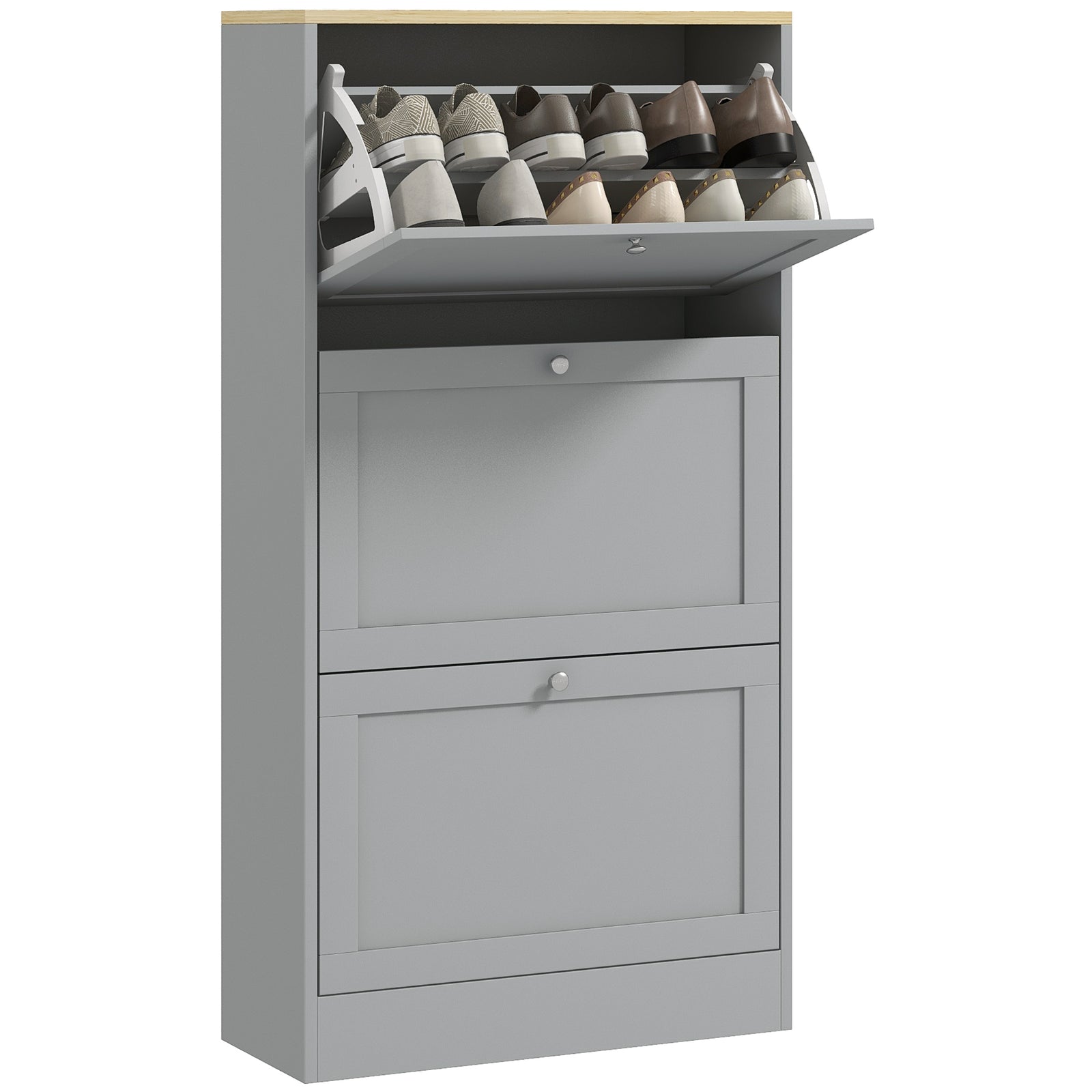 Narrow Shoe Cabinet With 3 Flip Drawers For 18 Pairs Of Shoes Grey