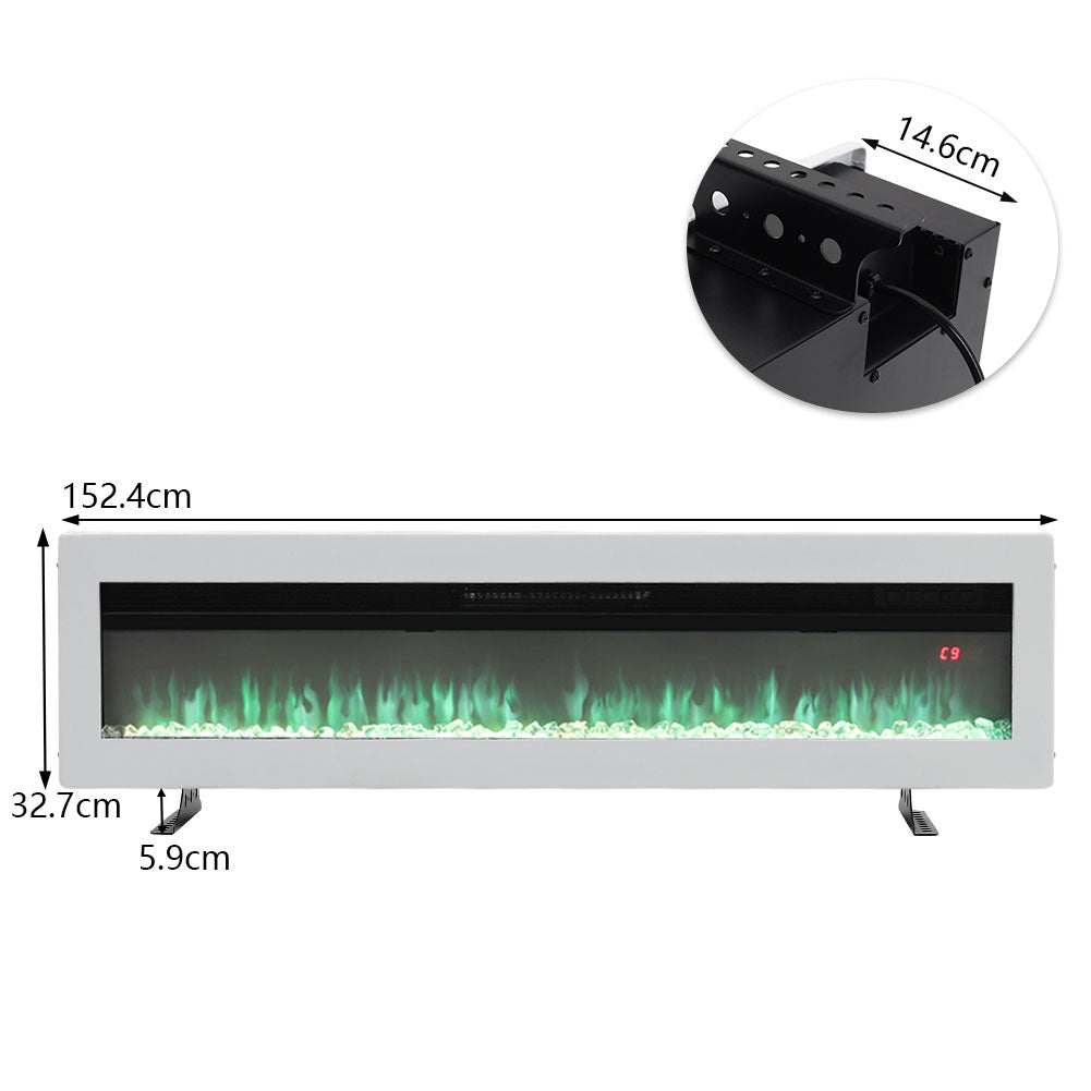 60-inch Electric Fireplace, Recessed/wall Mounted/freestanding Heater With 12-colour Flame,crystal Bed, Remote Control & Timer | White