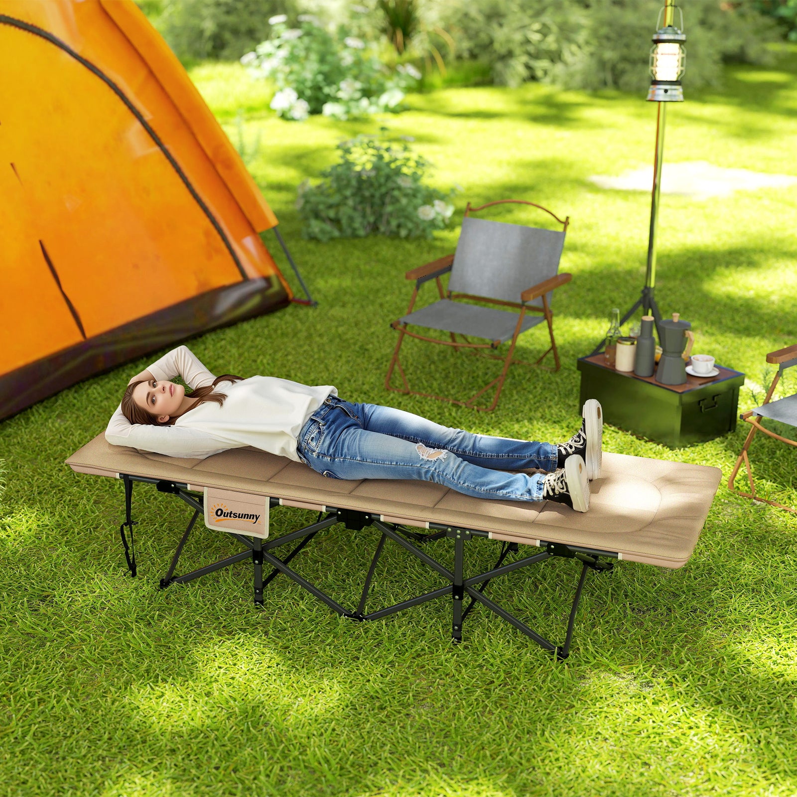 Folding Camping Bed With Cushion | Khaki
