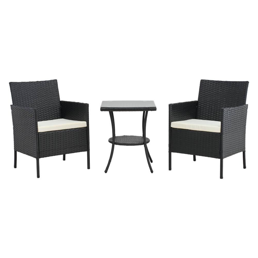 3-piece Pe Rattan Garden Furniture Set, Outdoor Patio Table And Chairs Set | Black