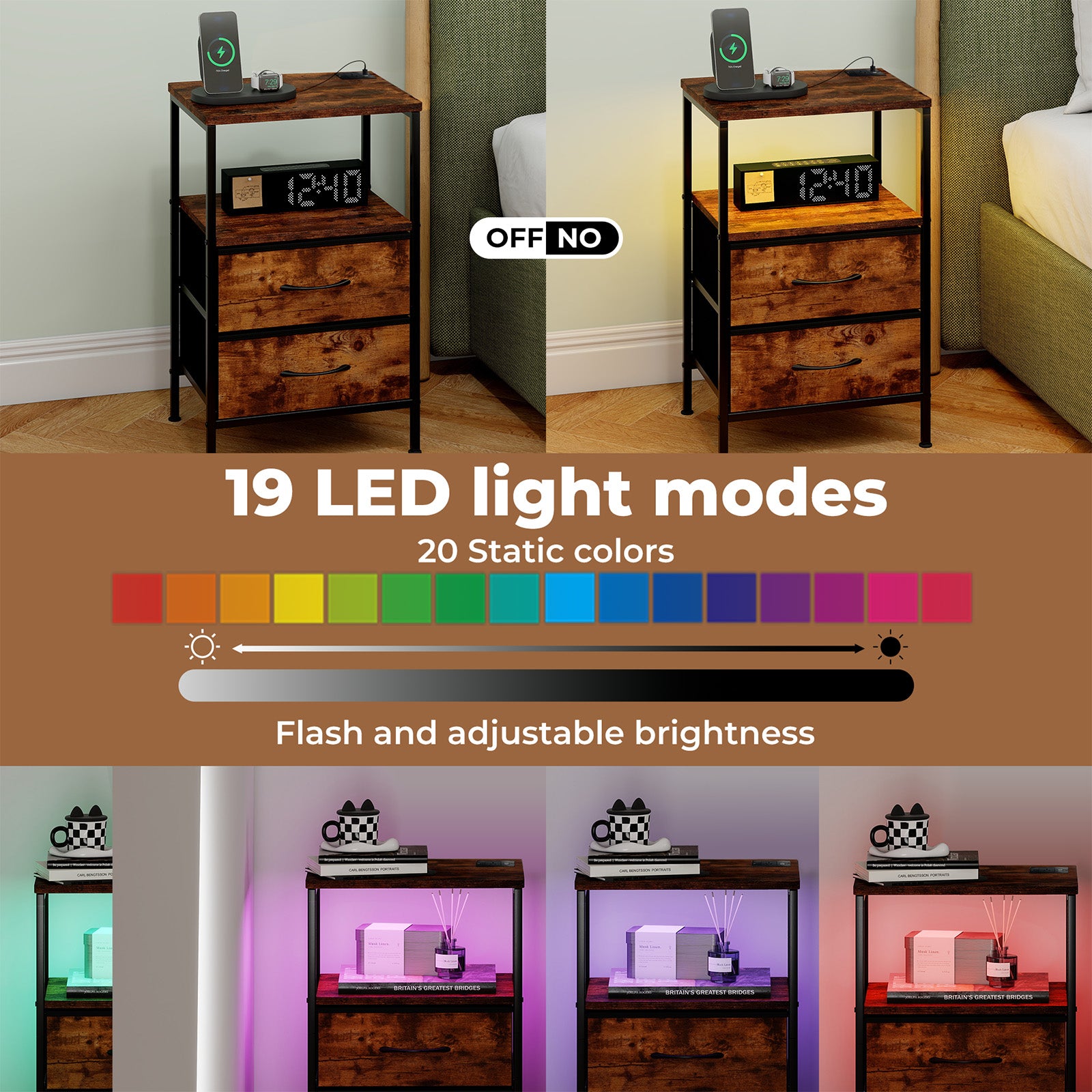 Led Bedside Table 2 Drawers Usb Ports Sofa End Table In Brown Black | Brown