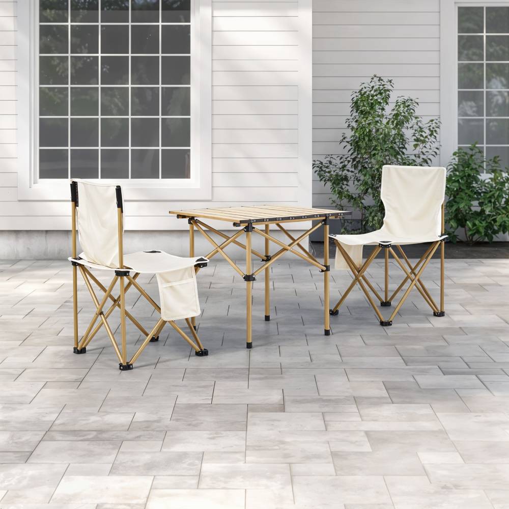 Set Of 3 Portable Folding Camping Table And Chair Set – Lightweight And Compact Outdoor Furniture | Set-of-3 | Beige
