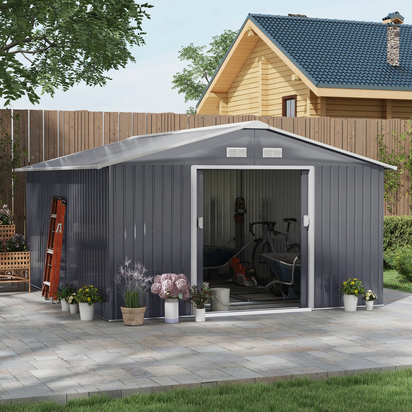Garden Shed Storage Unit With Locking Door Floor Foundation | Large | Charcoal Gray