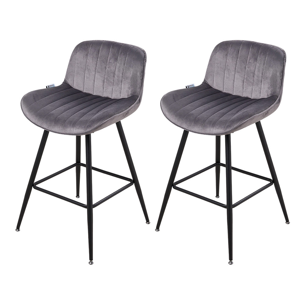 Set Of 2 Modern Flannel Bar Stools With Backrest – Soft Padded Seat, Metal Legs | Grey