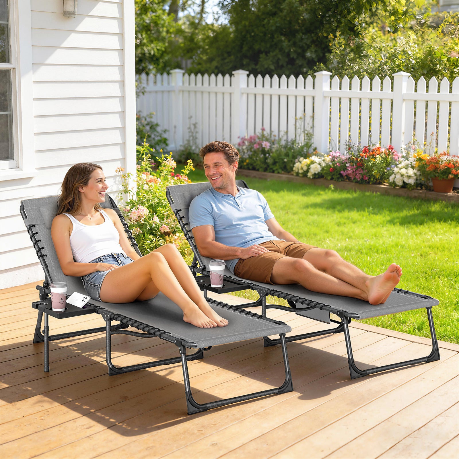 Folding Sun Loungers With 5-level Back, Cup Holder | Grey