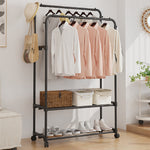 Double Rod Metal Clothes Rack Heavy Duty Garment Organizer With Shelves For Closet Or Bedroom | Black