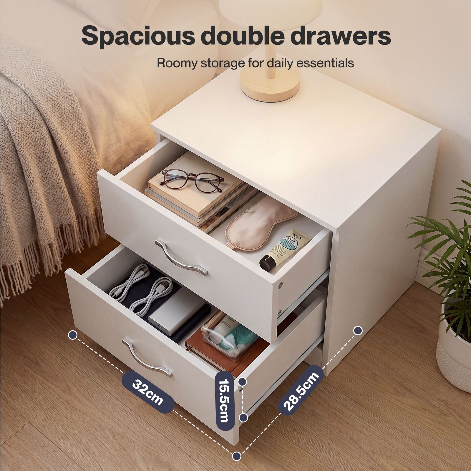 Bedside Table 2 Drawer Metal Handles Runners White Bedroom Cabinet | White