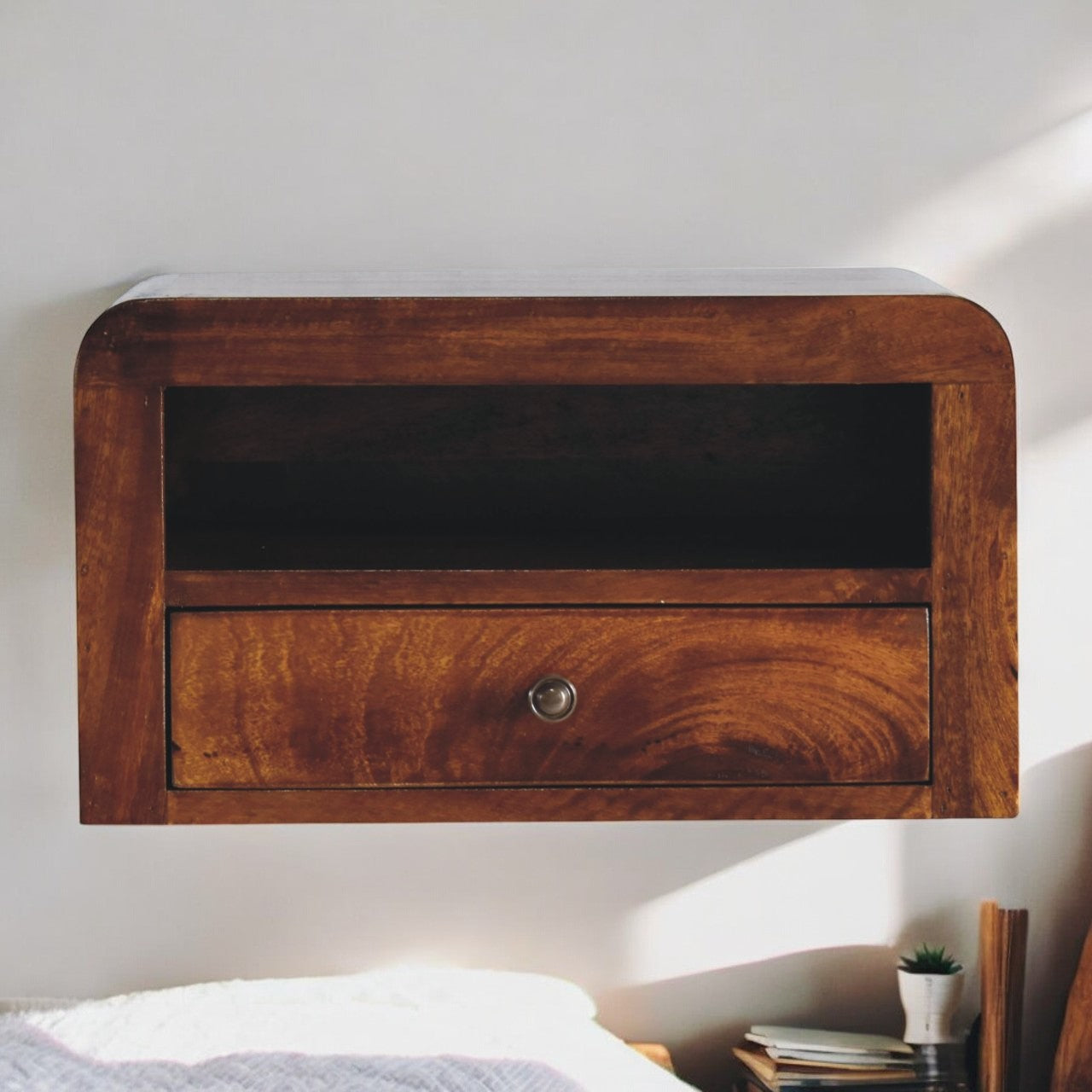 Solid Wood Chunky Chestnut 1 Drawer Wall Mounted Nightstand