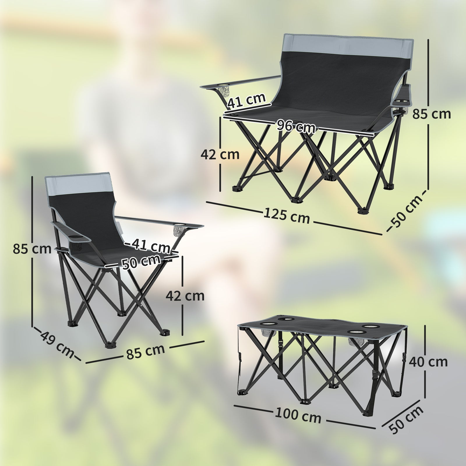 4 Piece Foldable Camping Table And Chairs Set, Grey | Grey