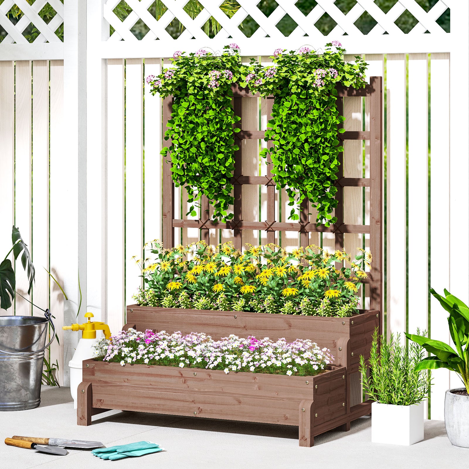 2-tier Raised Garden Bed With Trellis | Brown