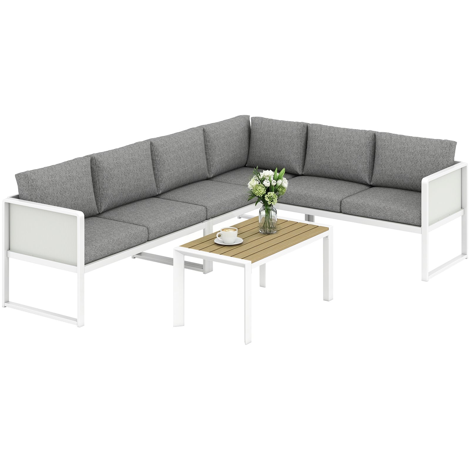 6 Seater Metal Garden Furniture Corner Sofa Set | White