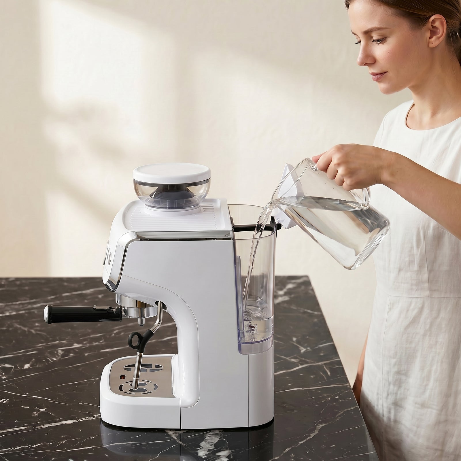 Espresso Machine, Bean Grinder & Steam Wand, 15 Bar Pressure | White