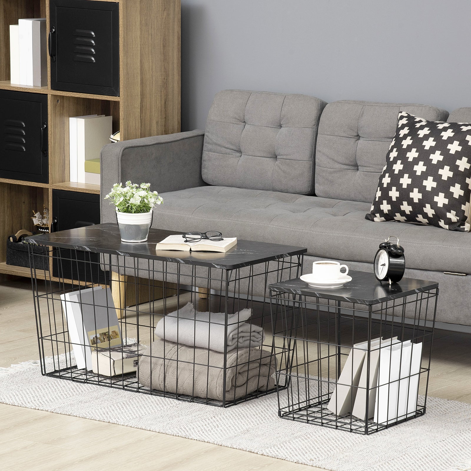 HOMCOM Coffee Table Set Of 2, Faux Marble Top, Storage