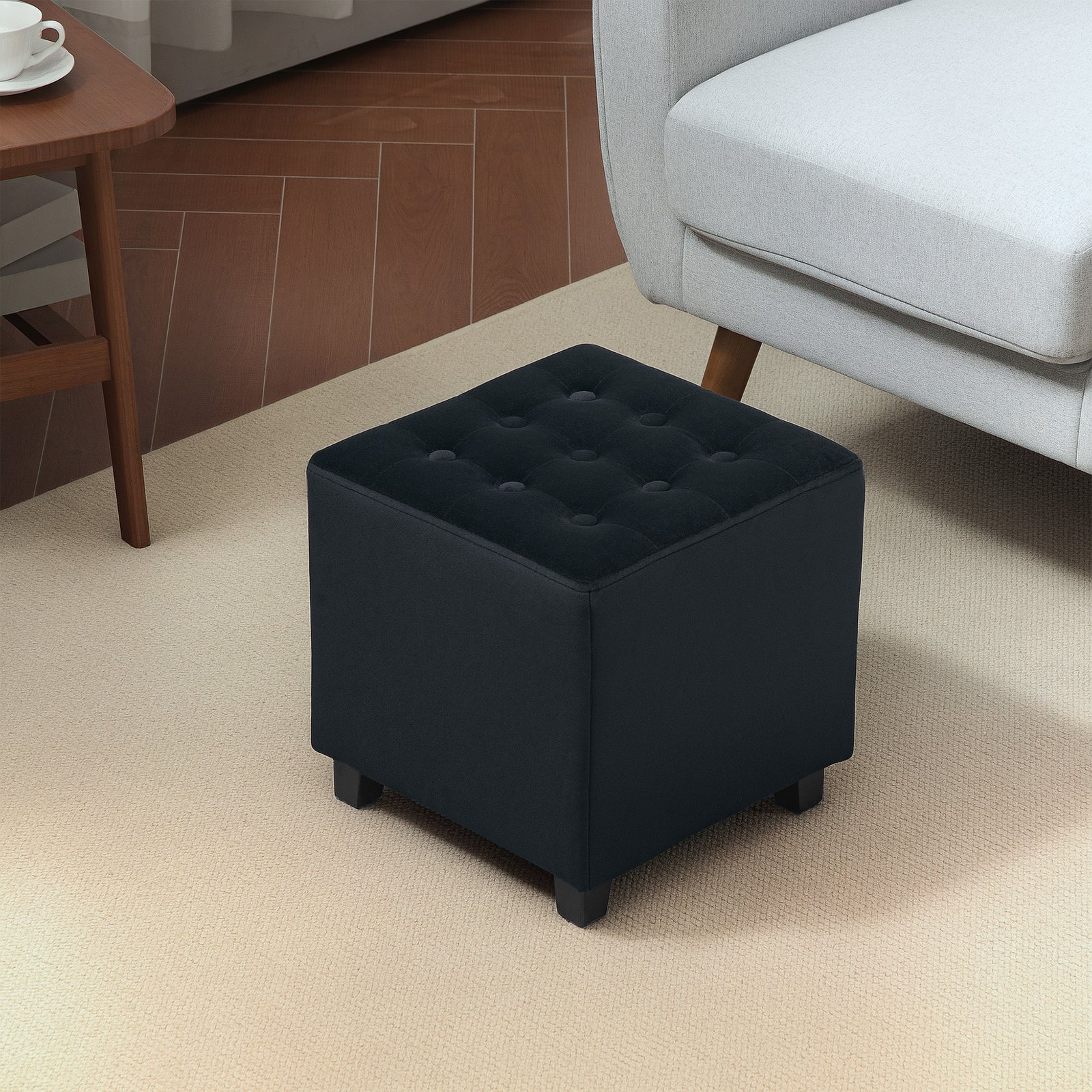 Square Footstool Small Ottoman With Wood Legs For Bedroom | One Size | Gray