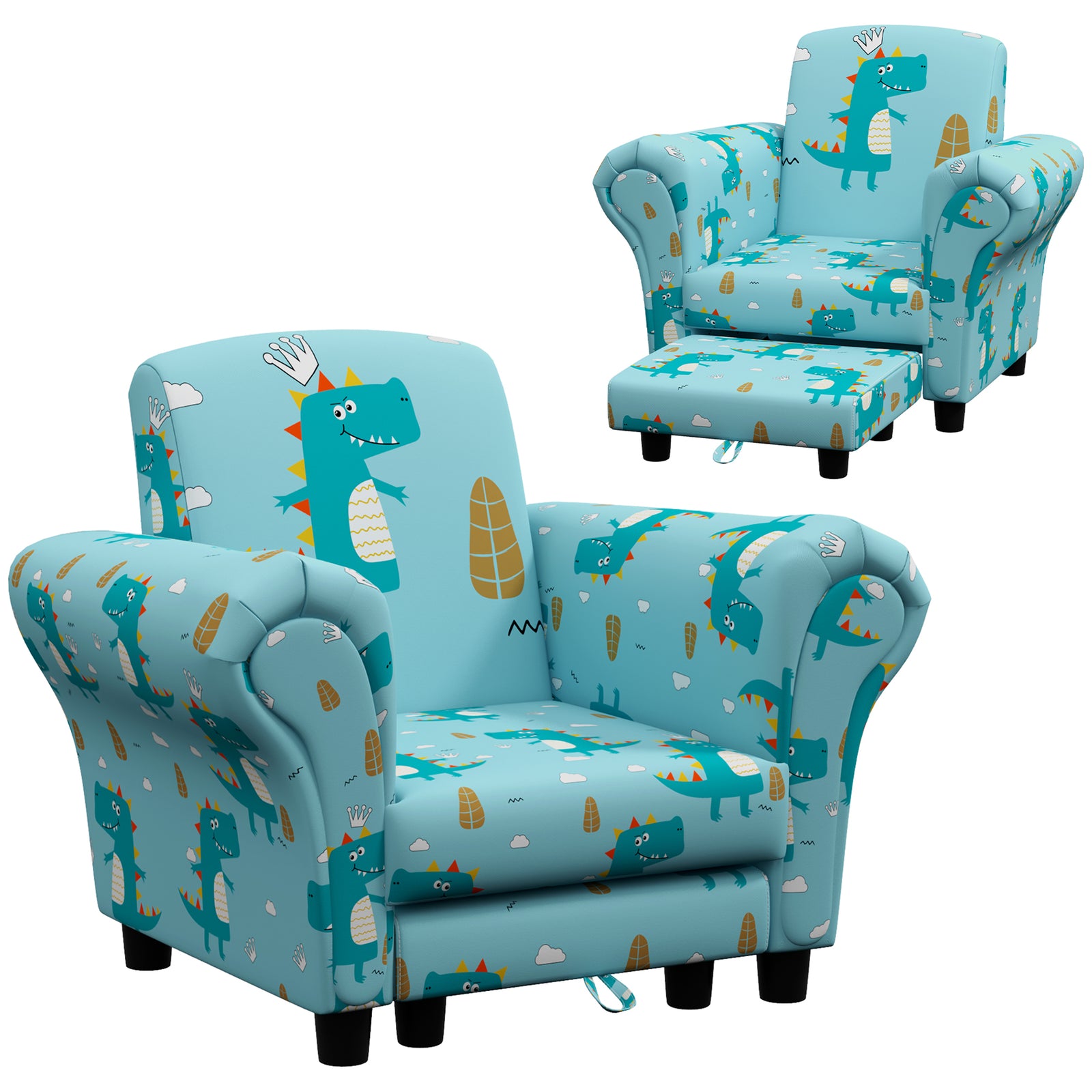 2 Piece Kids Sofa Set With Dinosaur Design, For Nursery | Blue