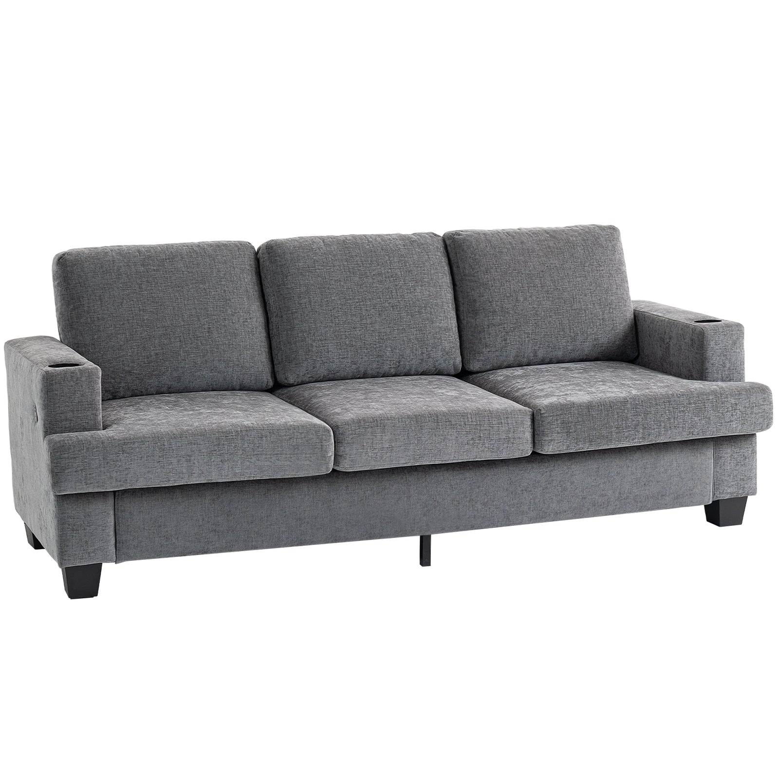 3 Seater Sofa, Fabric Sofa With Usb Ports And Cup Holders | Grey