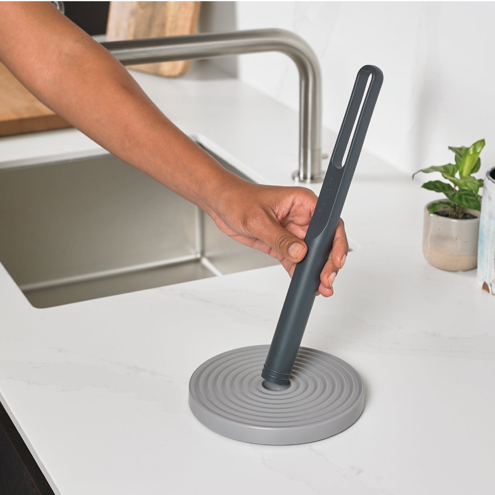 Recycled Kitchen Roll Holder - Dark Grey Kitchen Sink Organiser - Integrated Dishcloth Rail - Made in the UK