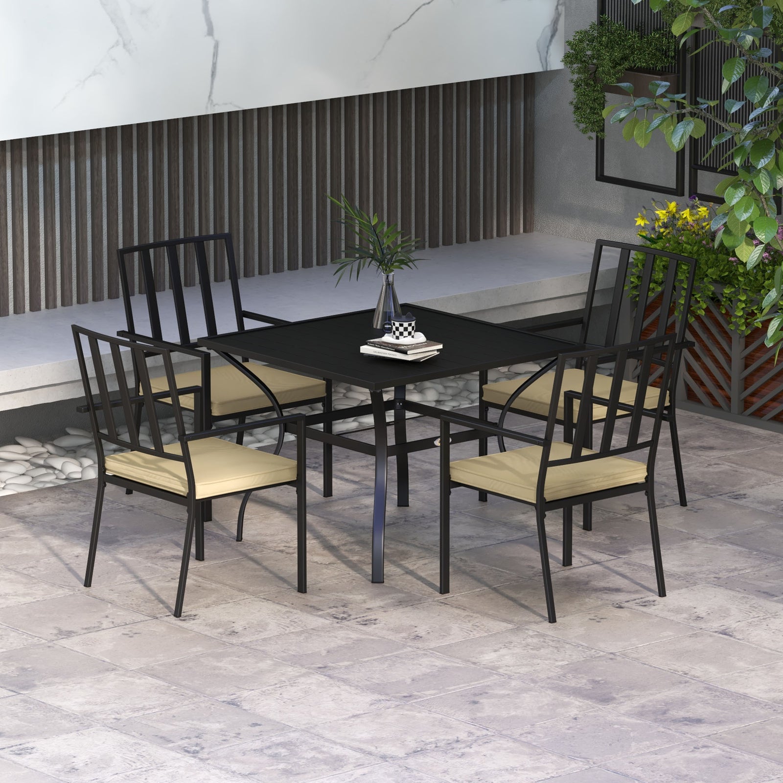 Garden Dining Set W/ Cushioned Chairs & Metal Table