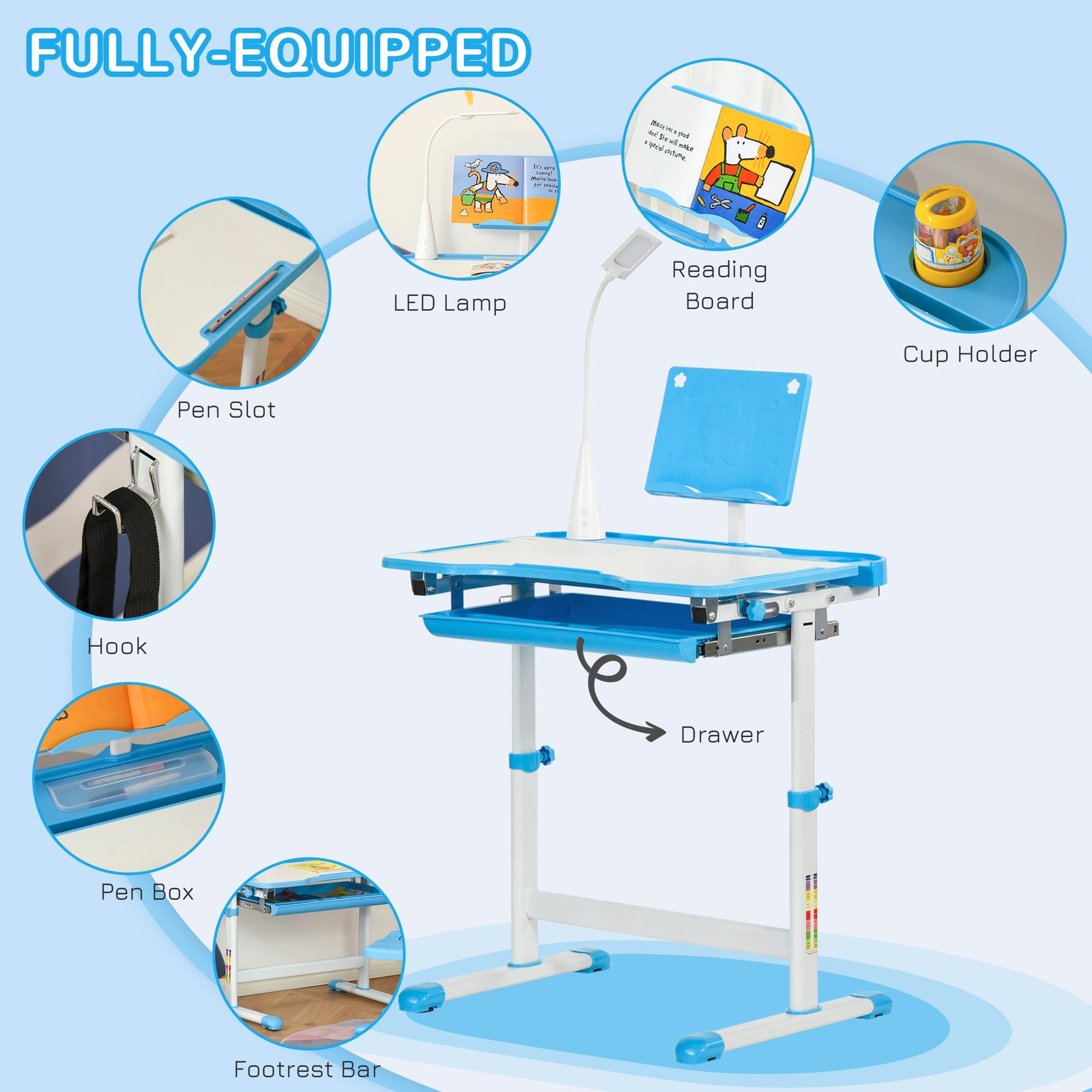 Kids Study Desk And Chair Set W/ Usb Lamp, Adjustable Height | Blue