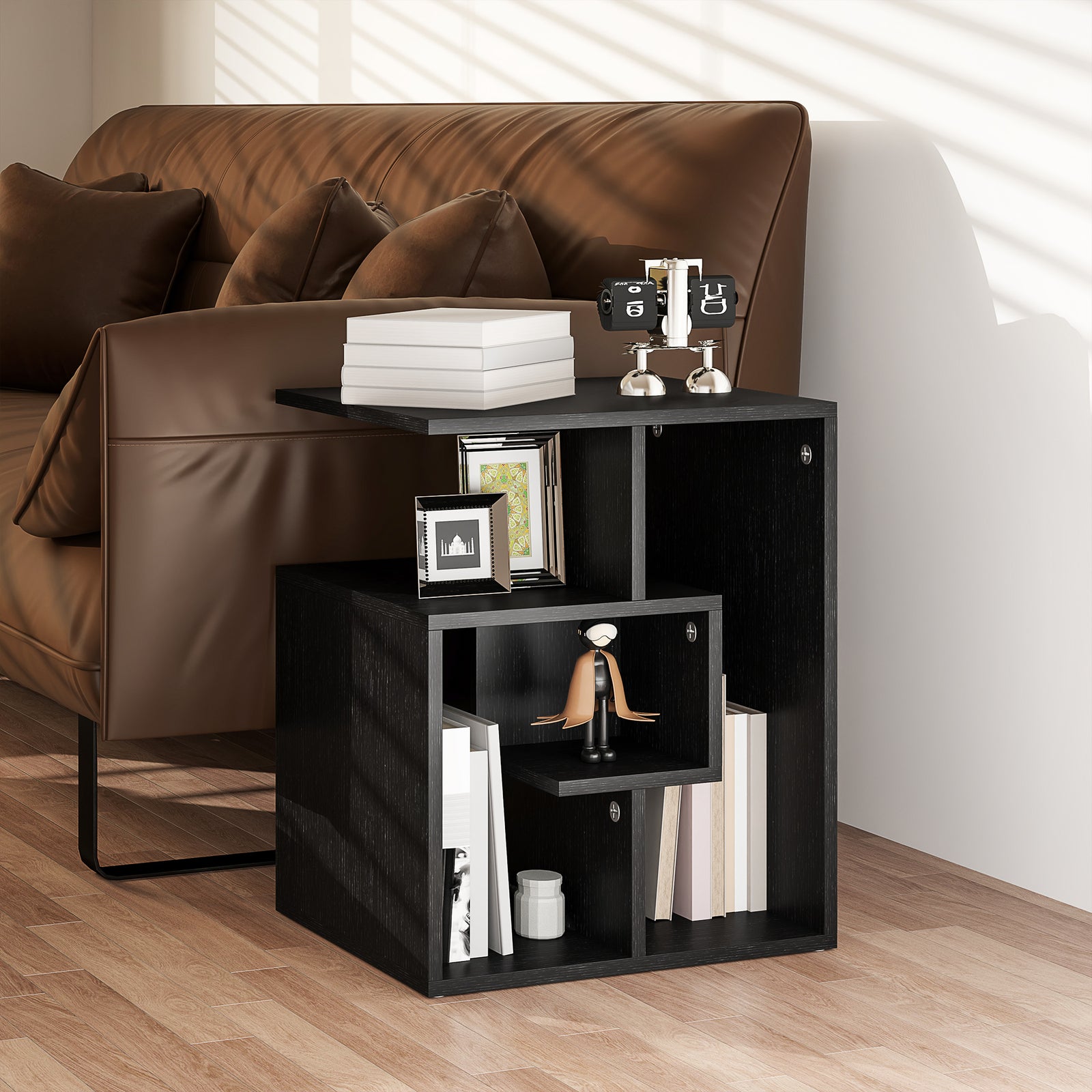 HOMCOM 3-tier Side End Table Open Shelves Storage Magazine Desk Black