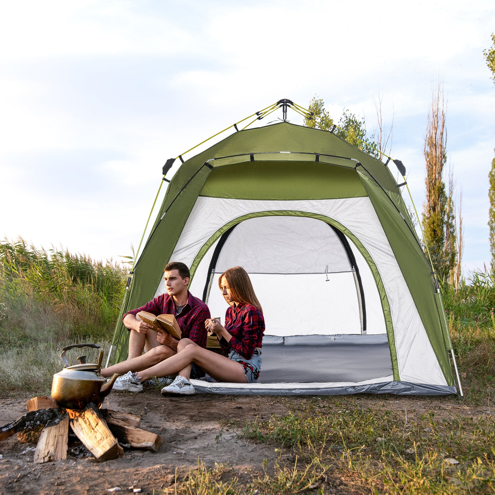 3 Man Pop Up Tent Automatic Camping Backpacking Dome Shelter | Green