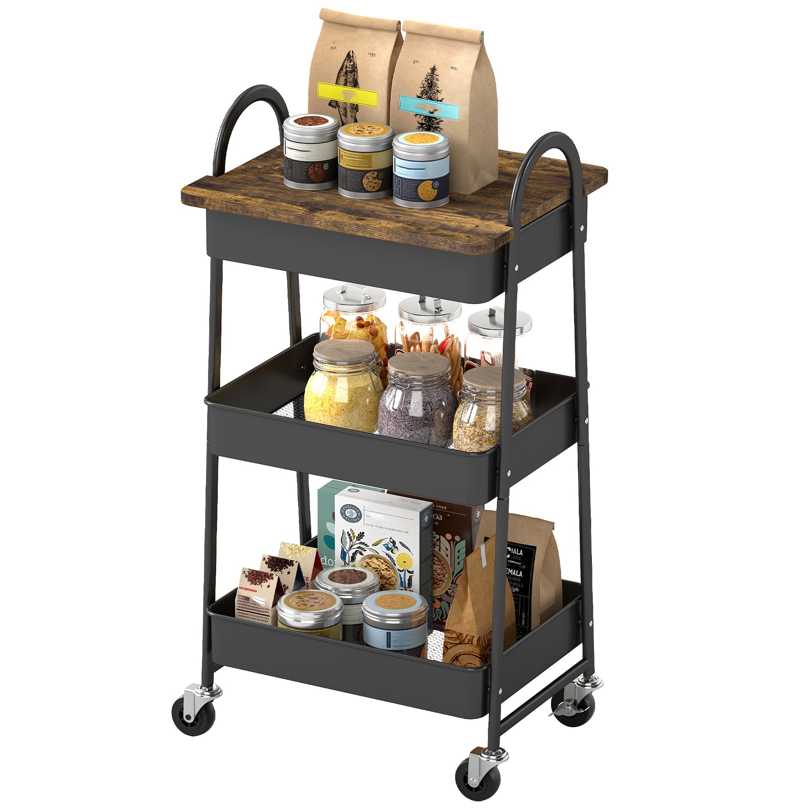 Rolling Utility Cart With Mesh Baskets For Kitchen | Black