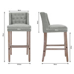 Elegant Set Of 2 Bar Stools Linen Tufted With Wood Legs & Low Back | Light Grey