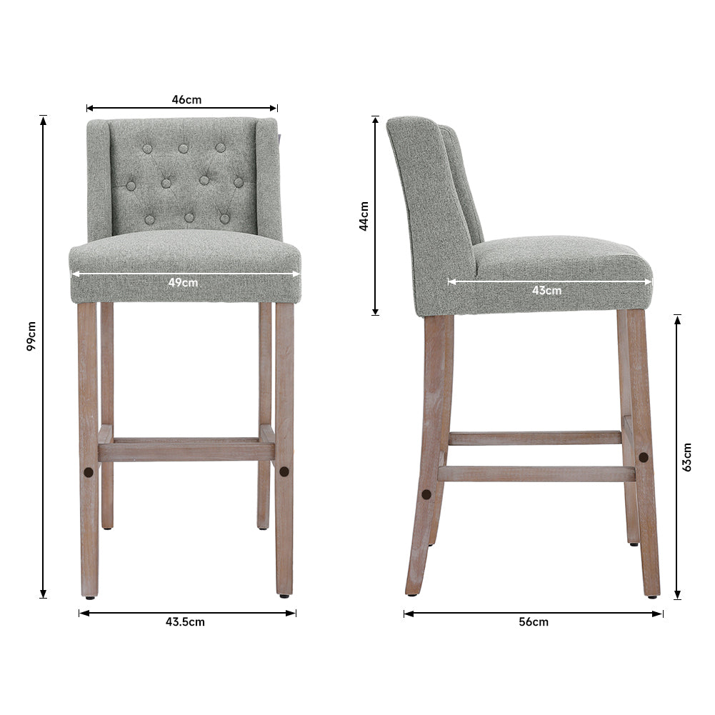 Elegant Set Of 2 Bar Stools Linen Tufted With Wood Legs & Low Back | Light Grey