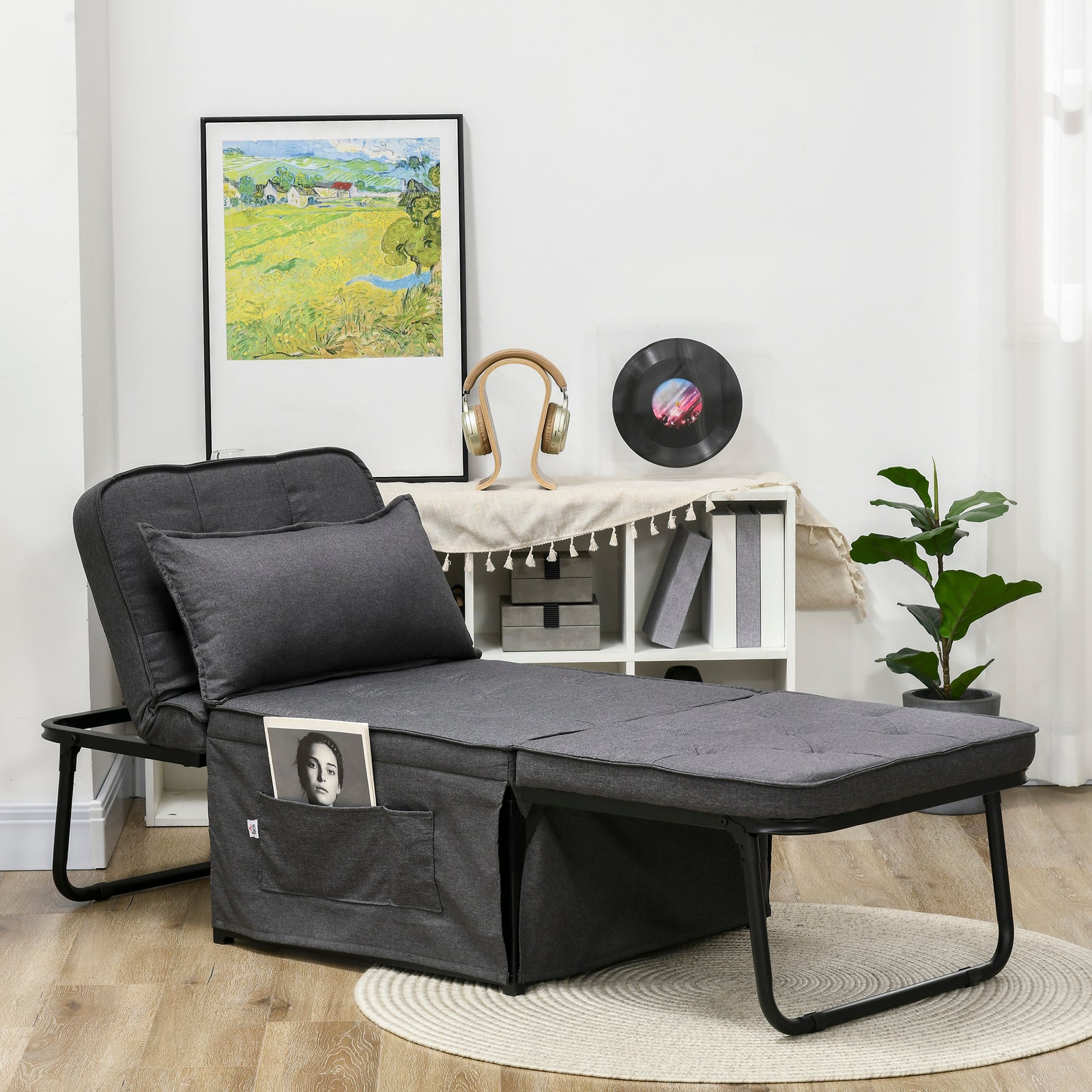 Folding Sleeper Chair Bed With Pillow And Side Pockets | One Size | Charcoal Gray