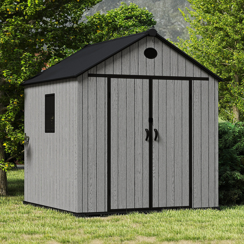 7.38 × 7.38 Ft Garden Tool Shed With Apex Roof & Combination Lock – Heavy-duty Grey Wood Grain Outdoor Storage Shed With Floor, Window & Ventilation Panels