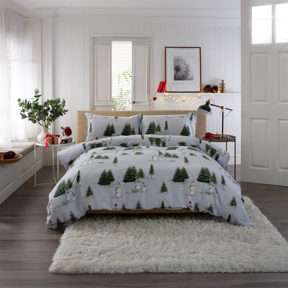 Snowman Printed 100% Brushed Cotton Duvet Cover Set | Single | White