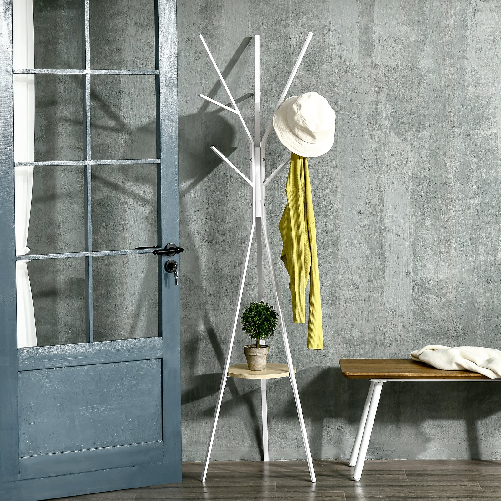 180cm Free Standing Coat Rack Metal Shelf Holder Stand | One Size | White