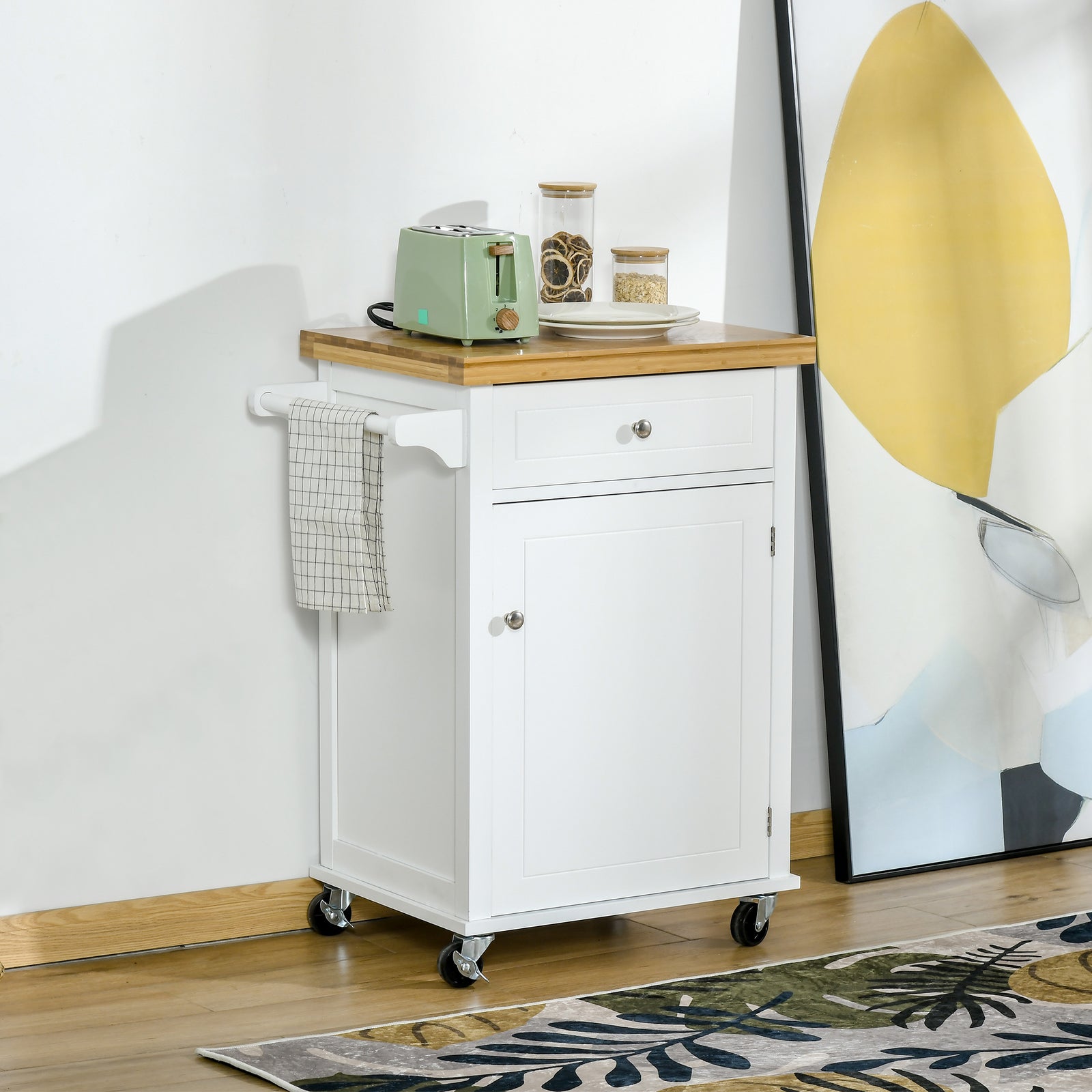 Rolling Cart With Drawer, Towel Rail