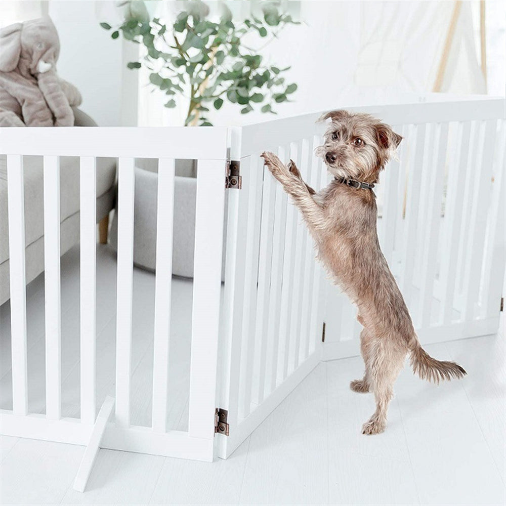 Foldable Freestanding 3/4-panel Pet Gate, Indoor Safety Barrier For Doorways, Halls & Staircases | Large | White