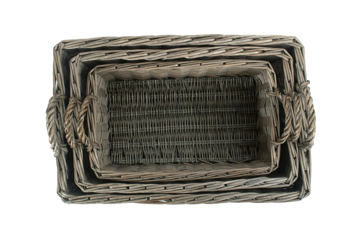 Wicker Shallow Antique Wash Storage Basket | Set of 3 | Brown