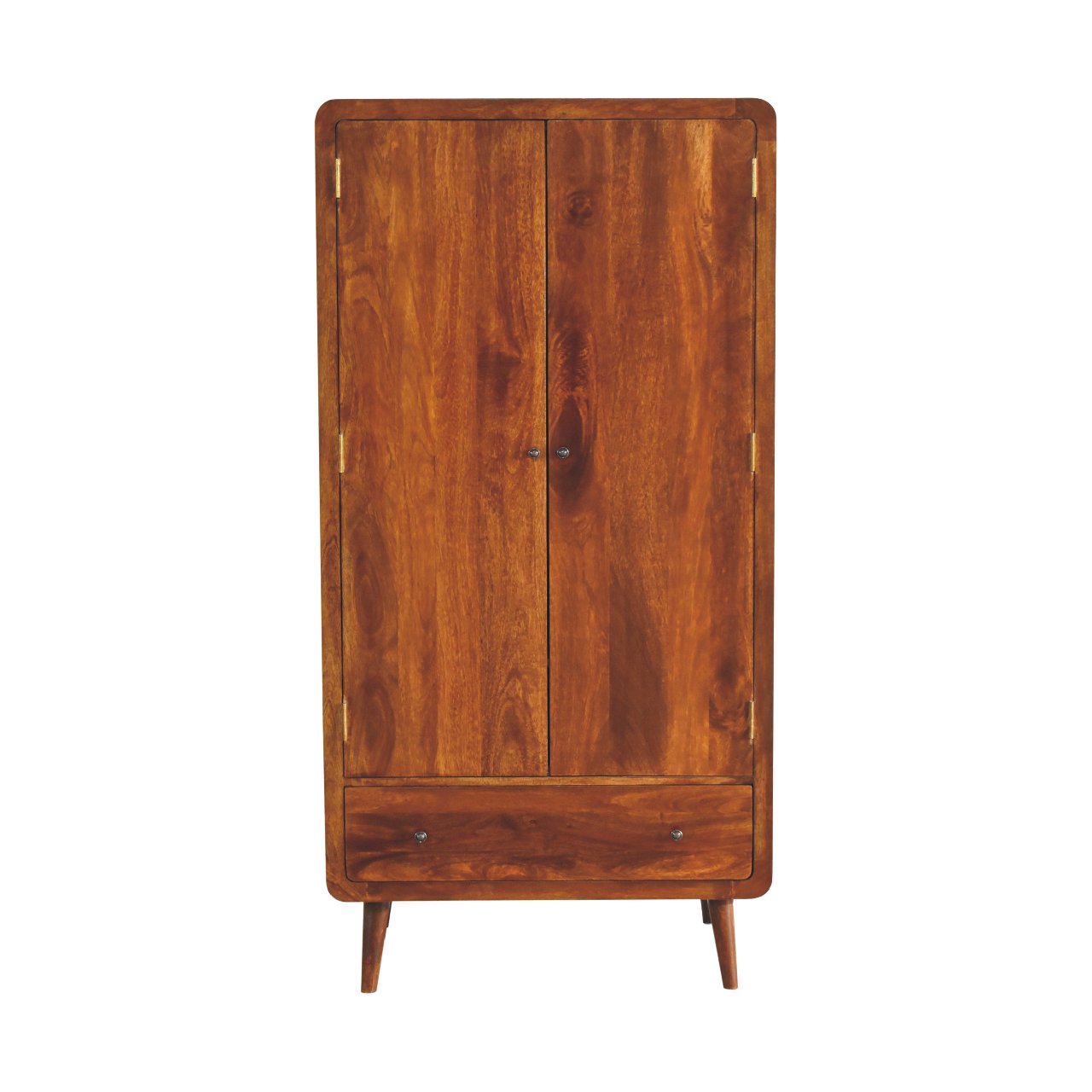 Solid Wood Curved Chestnut Wardrobe, Light Brown, 2 Doors And 1 Drawer