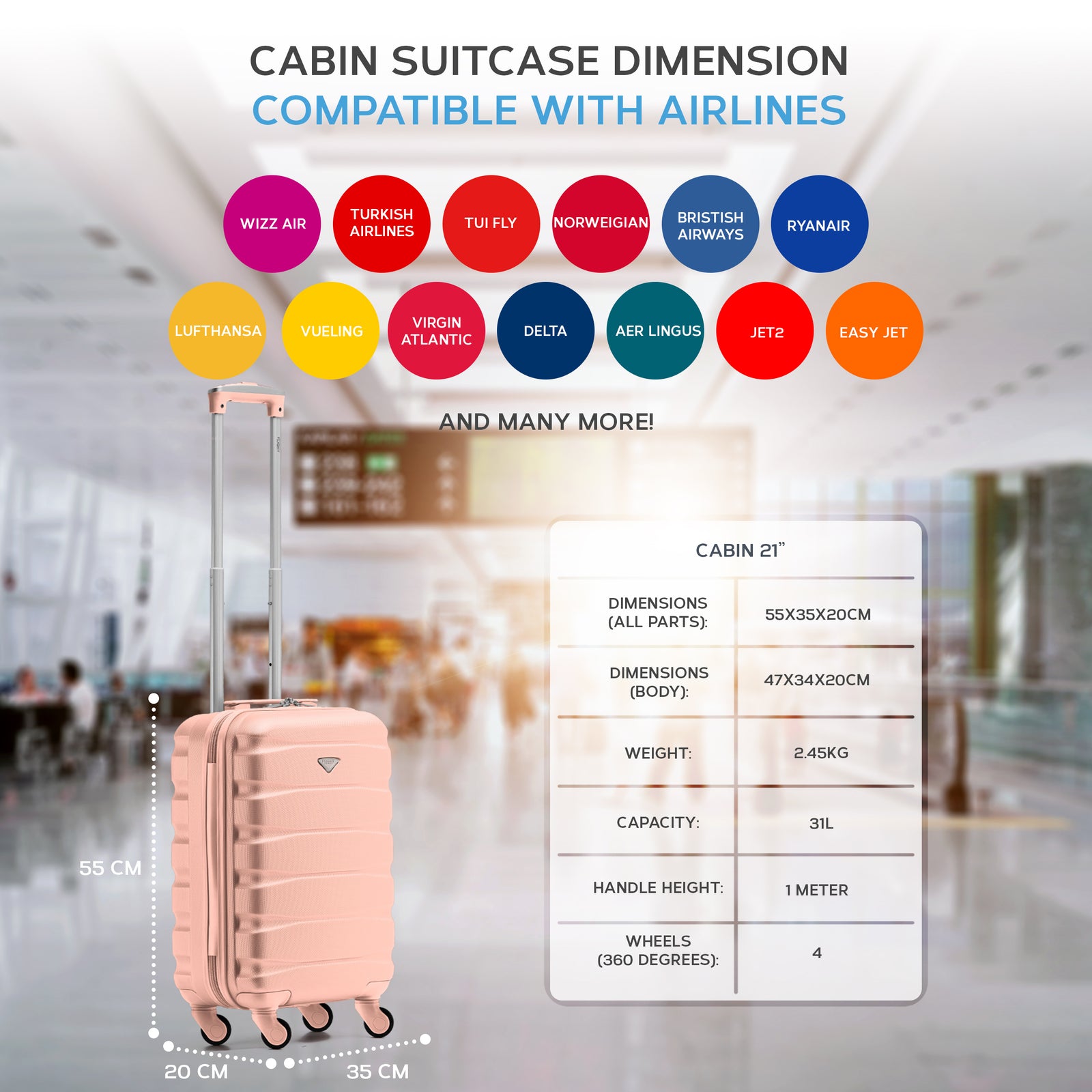 55x35x20cm Lightweight 4 Wheel Cabin Carry On Suitcase Overhead Case Approved For 100+ Airlines With Integrated Tsa Lock | 55 x 35 x 20cm | Rose Gold