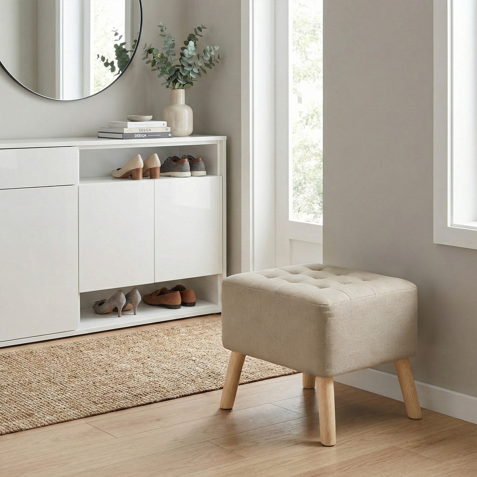 Linen Upholstered Footstool | Light Grey