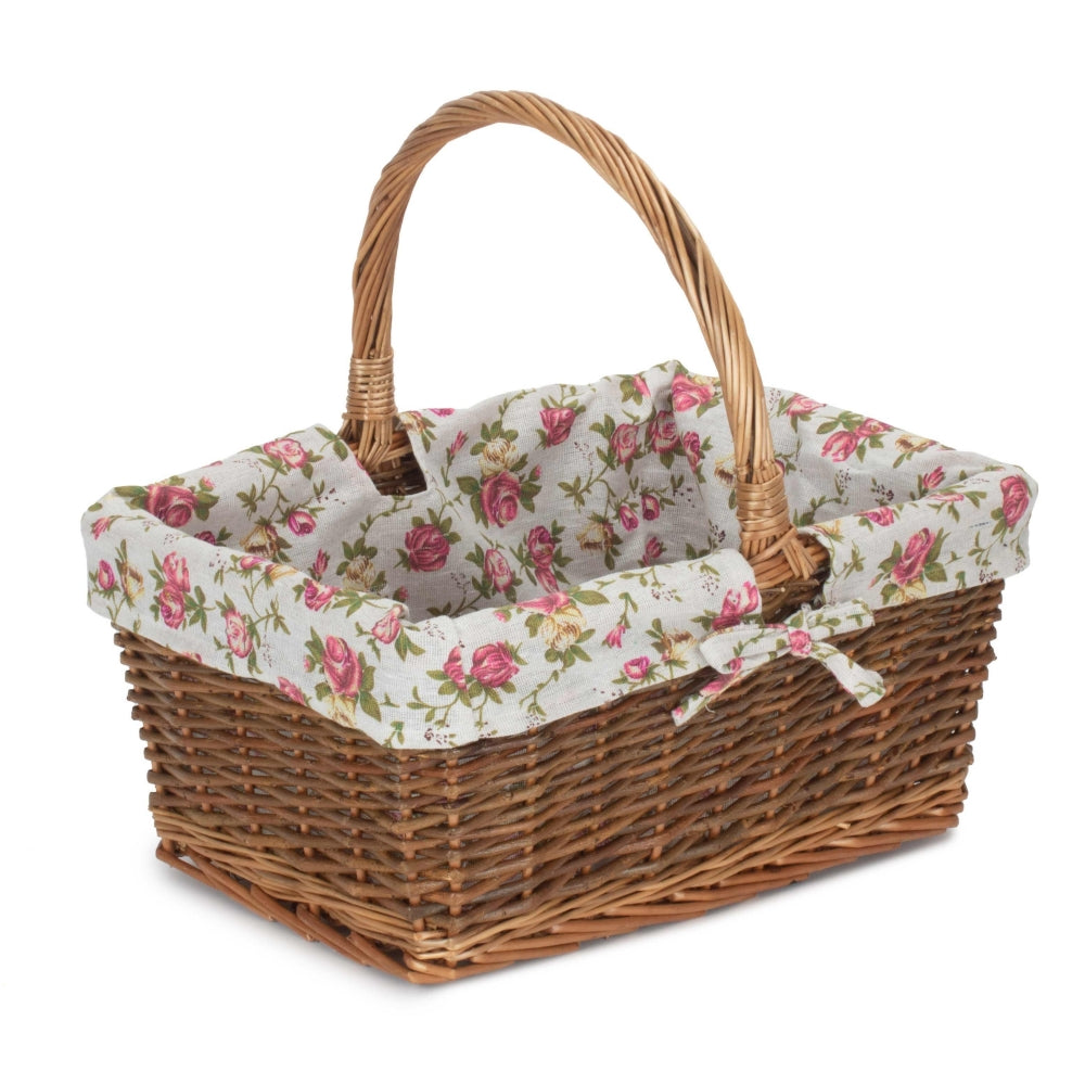 Rectangular Unpeeled Willow Shopping Basket With Garden Rose Lining | Large | Pink