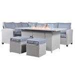 Conwy 8-seater Rattan Corner Gas Firepit Dining Set For Luxurious Outdoor Gatherings | Gray