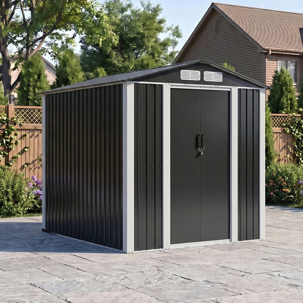 Breeins 6 X 8ft Heavy Duty Metal Outdoor Storage Shed with Apex Roof, Double Sliding Doors & Vents, Lockable Garden Tool Storage House for Backyard Patio Lawn