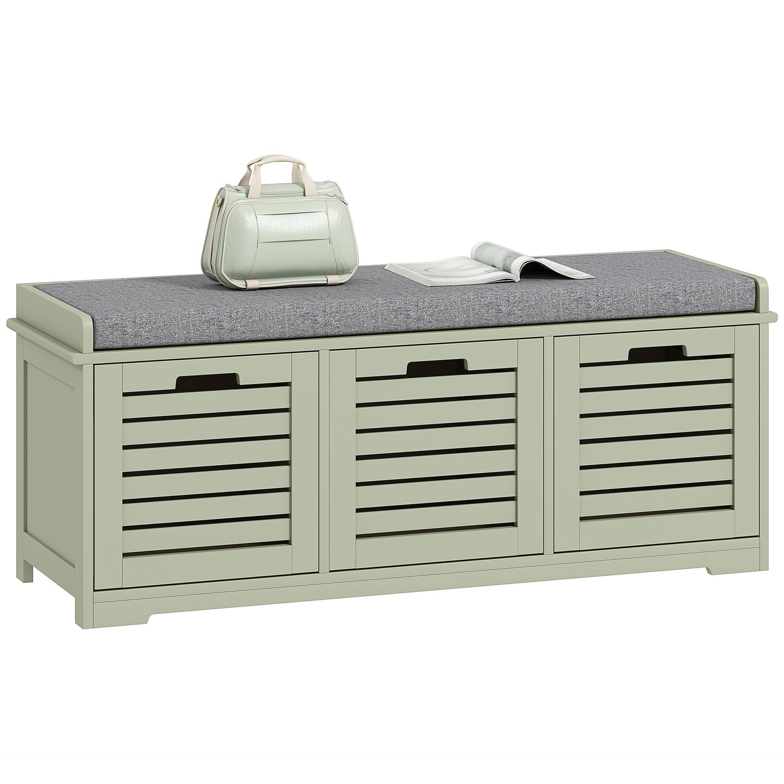3-door Shoe Storage Bench Cushion Seat Slatted Doors | Green