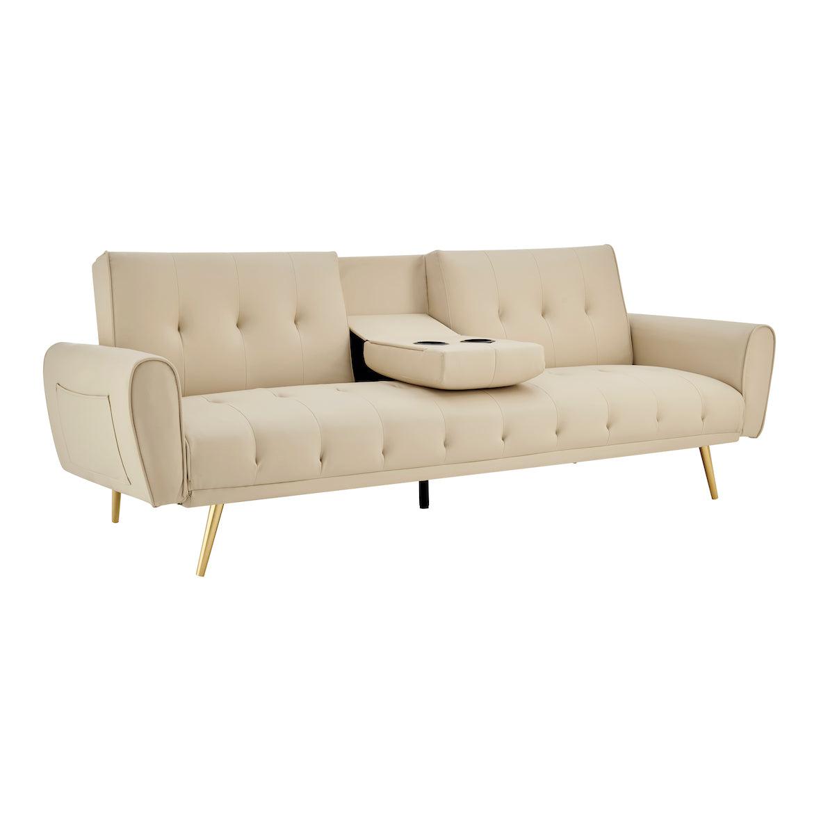 Faux Leather Sofa Bed With Cup Holders - 3 Seater | Cream