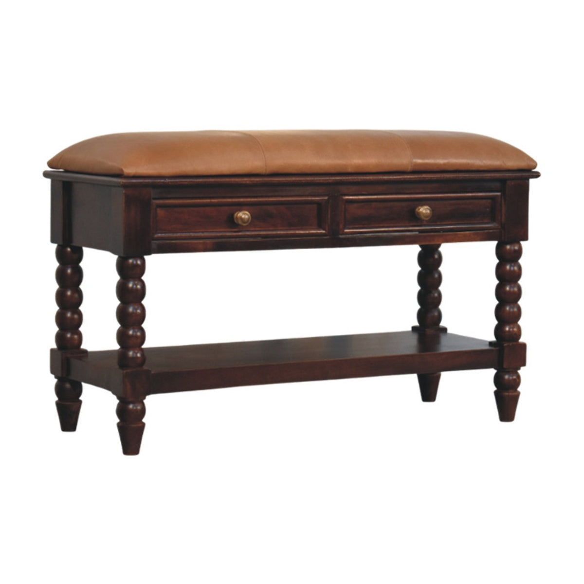 Solid Wood Spindle Winewood Leather Bench