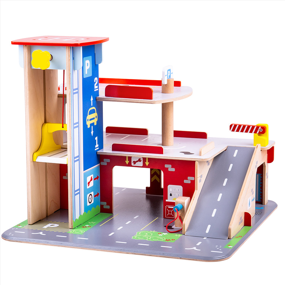 Wooden Park And Play Garage Playset, With Working Lift