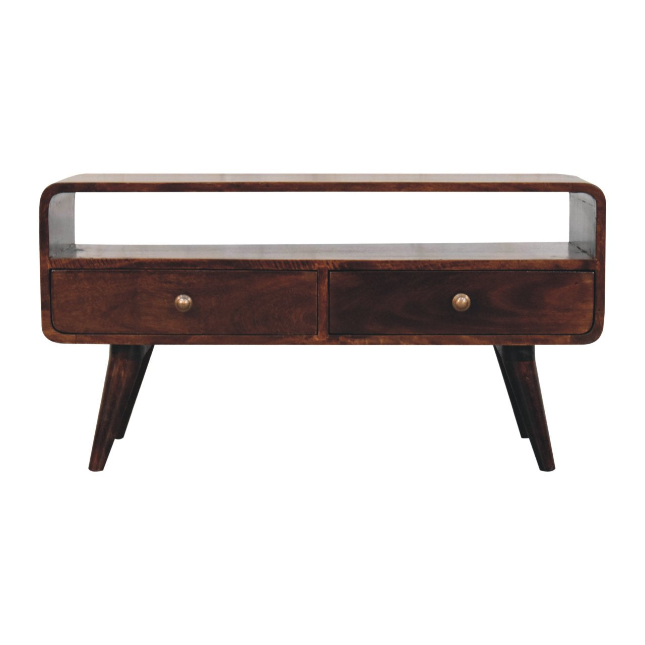 Solid Wood Curved California Walnut Media Unit, 2 Drawers And 1 Shelf, Brown