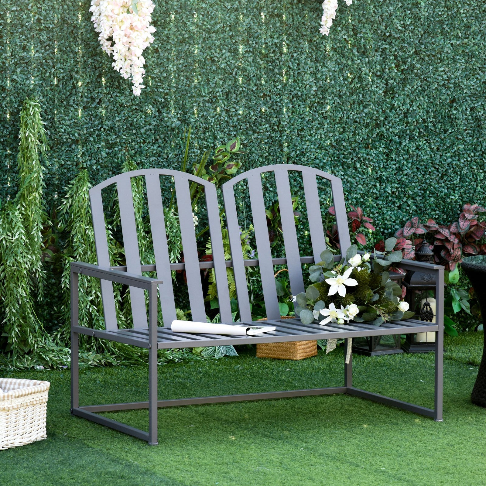 Steel Patio Garden Bench Loveseats Grey
