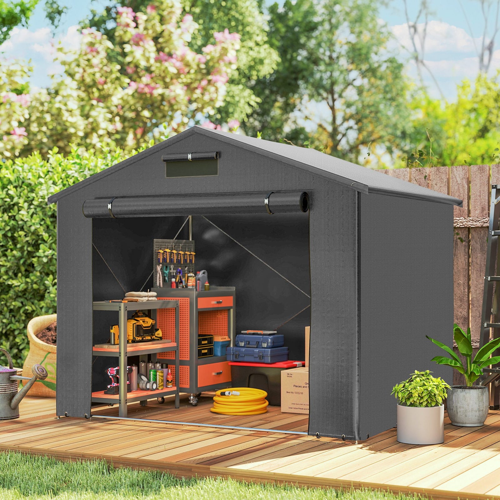 8x4ft Garden Storage Shed Roll-up Zipper Door Dark Grey