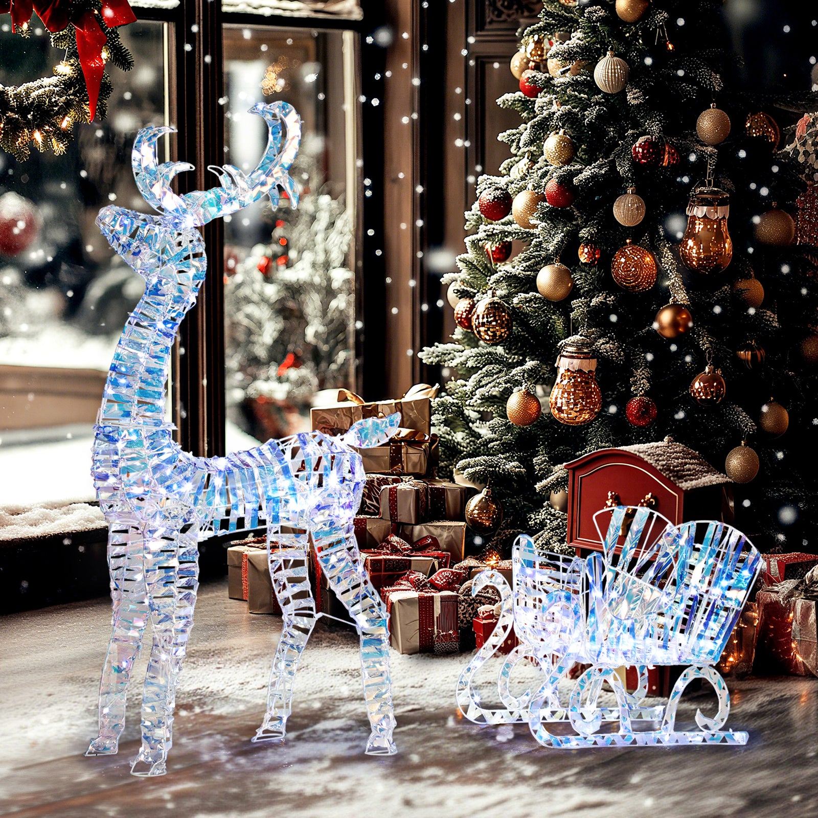 Lighted Christmas Reindeer With Sleigh, Waterproof Holiday Decor